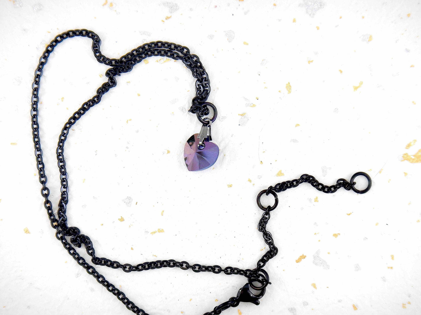 15-inch necklace with Heliotrope (deep violet-blue) faceted Swarovski crystal heart pendant (10mm or 15mm), black stainless steel chain