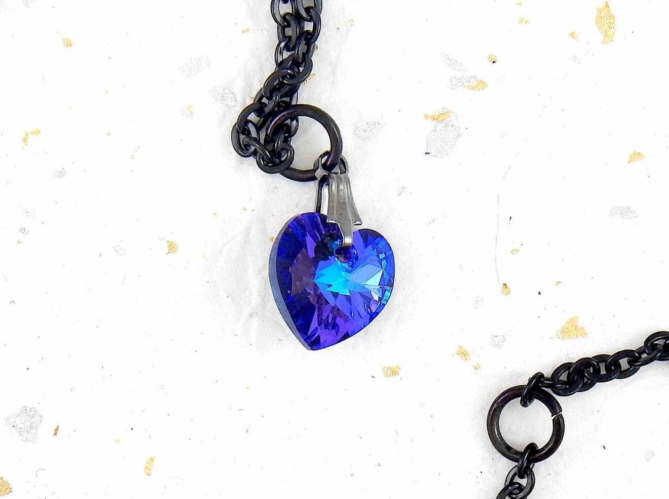 15-inch necklace with Heliotrope (deep violet-blue) faceted Swarovski crystal heart pendant (10mm or 15mm), black stainless steel chain