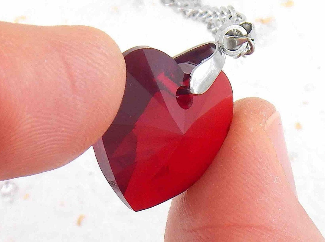 16-inch necklace with 20mm deep red faceted crystal heart pendant, regular or gold-toned stainless steel chain