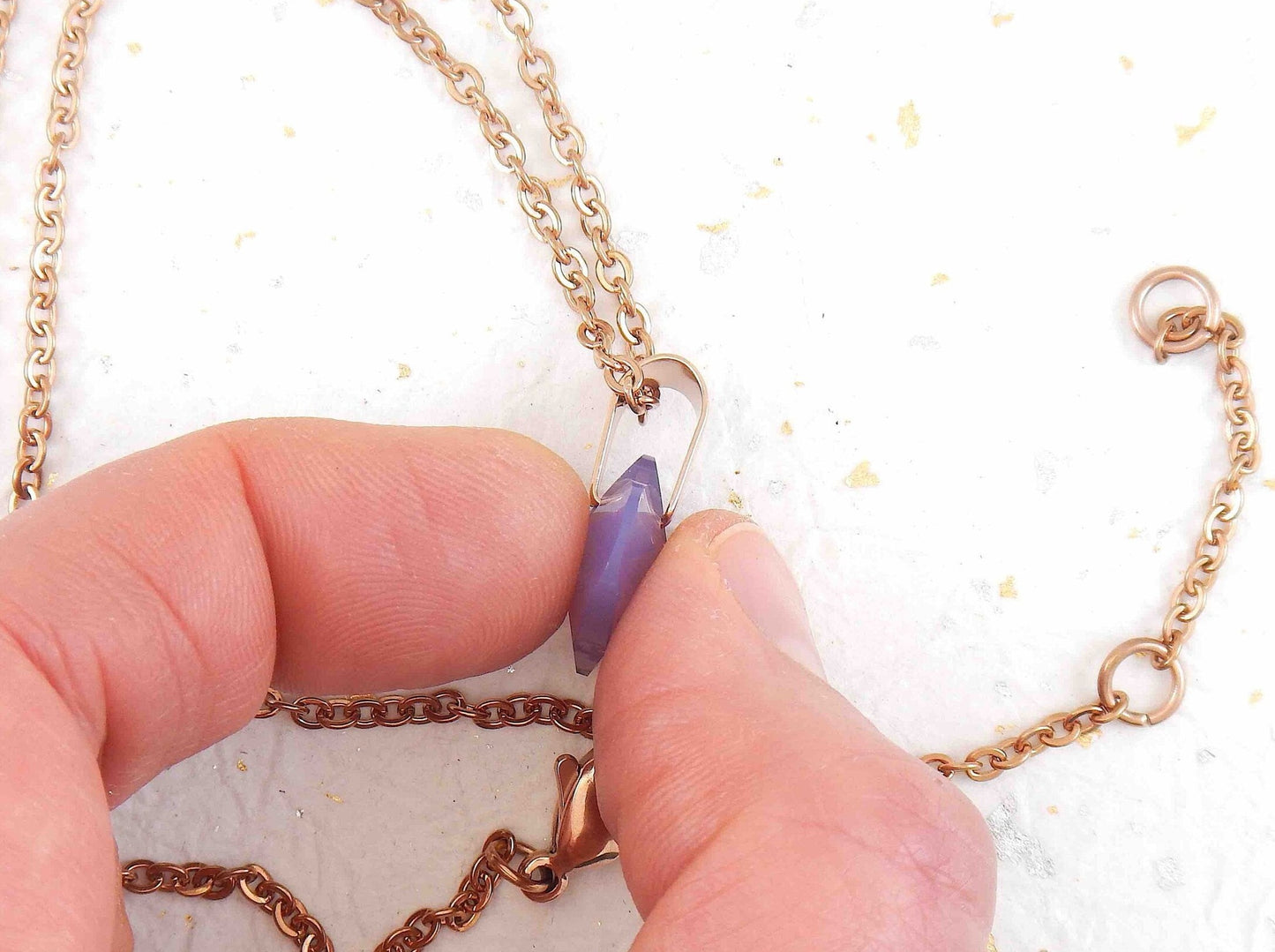 15-inch necklace with 15mm smoky lilac faceted Swarovski crystal heart pendant, rose gold-plated stainless steel chain
