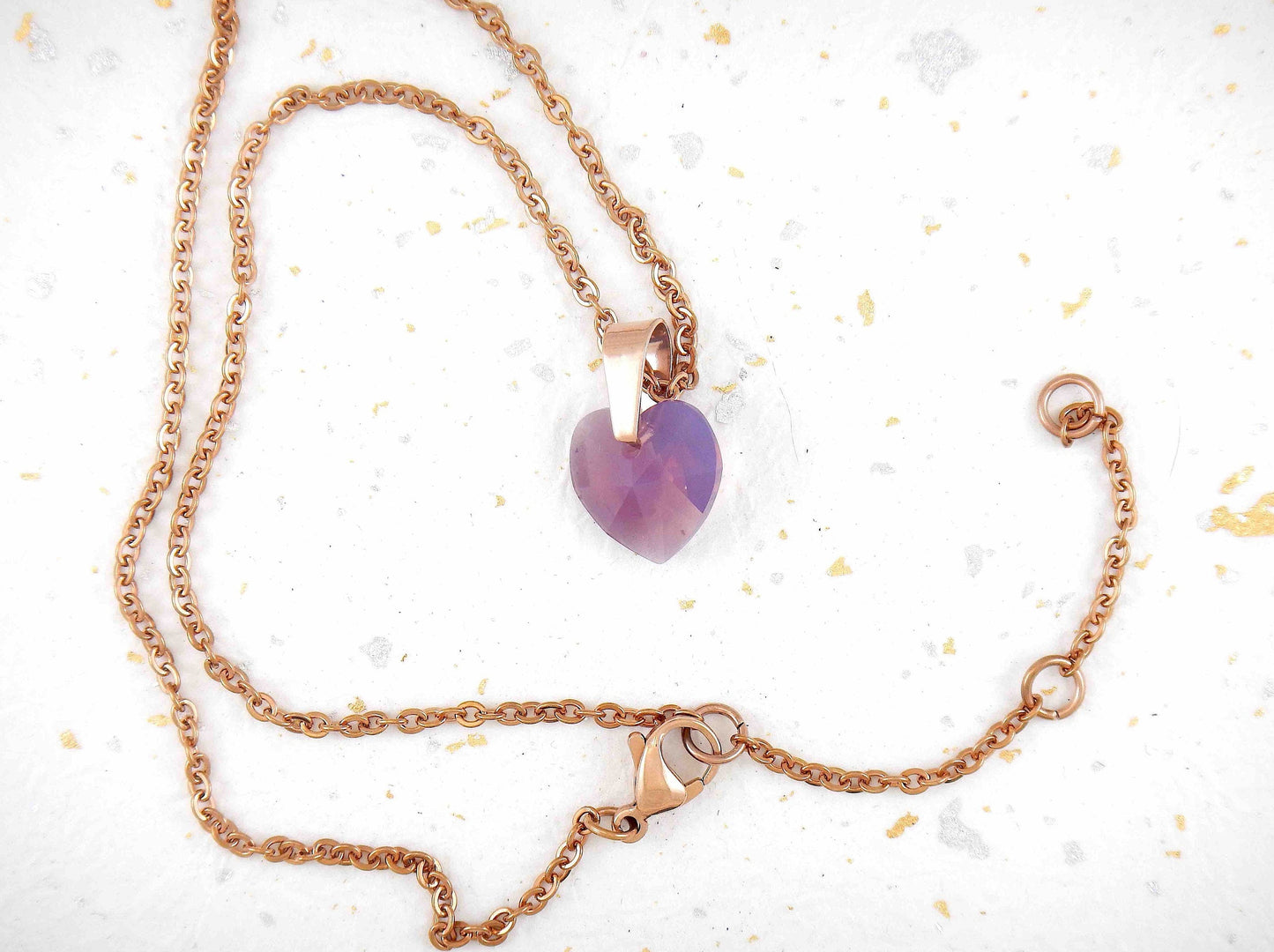 15-inch necklace with 15mm smoky lilac faceted Swarovski crystal heart pendant, rose gold-plated stainless steel chain
