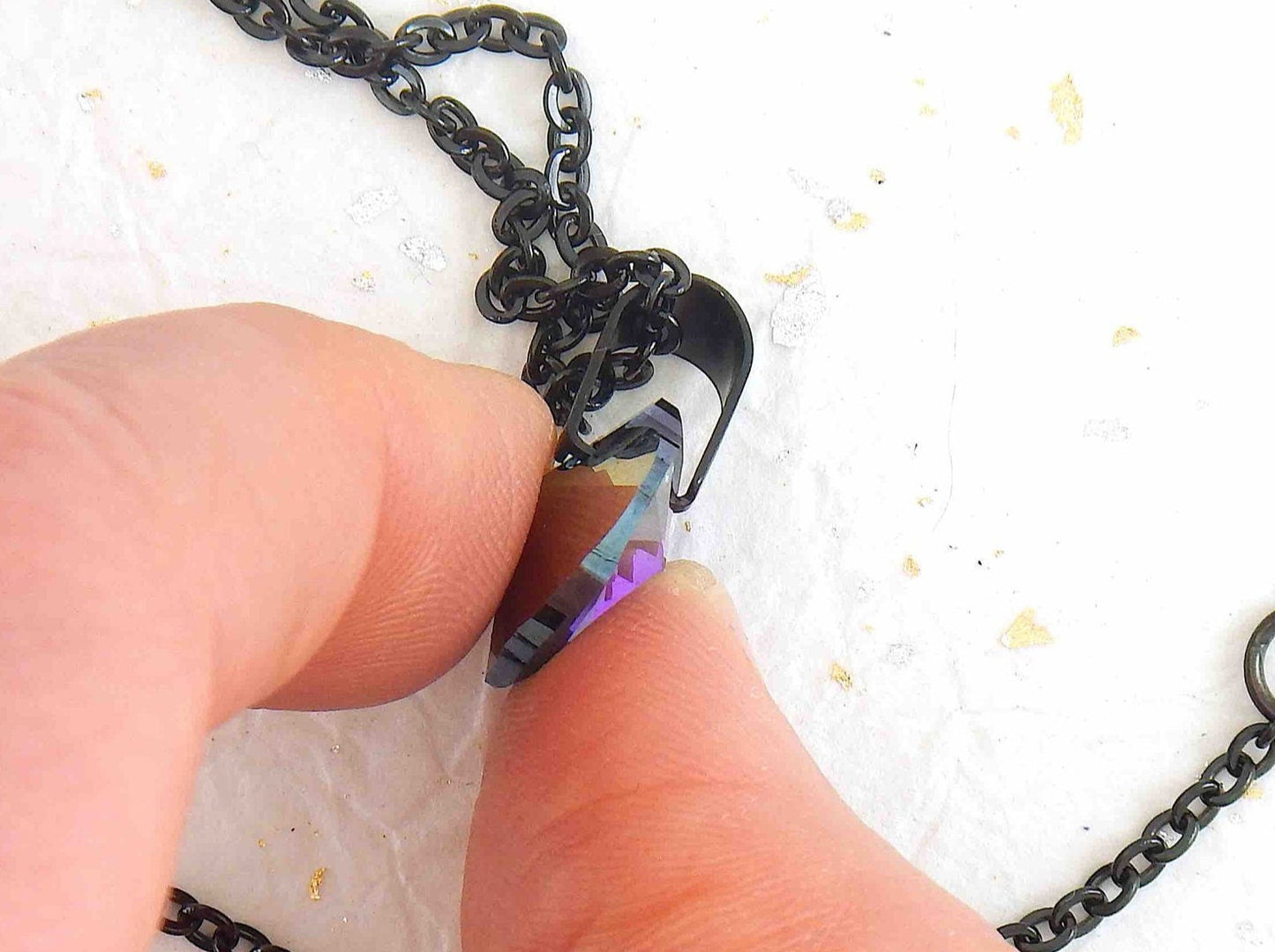 15-inch necklace with Heliotrope (deep violet-blue) faceted Swarovski crystal heart pendant (10mm or 15mm), black stainless steel chain