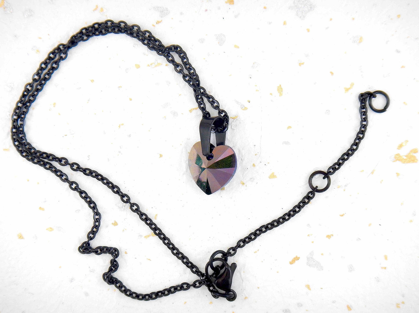 15-inch necklace with Heliotrope (deep violet-blue) faceted Swarovski crystal heart pendant (10mm or 15mm), black stainless steel chain