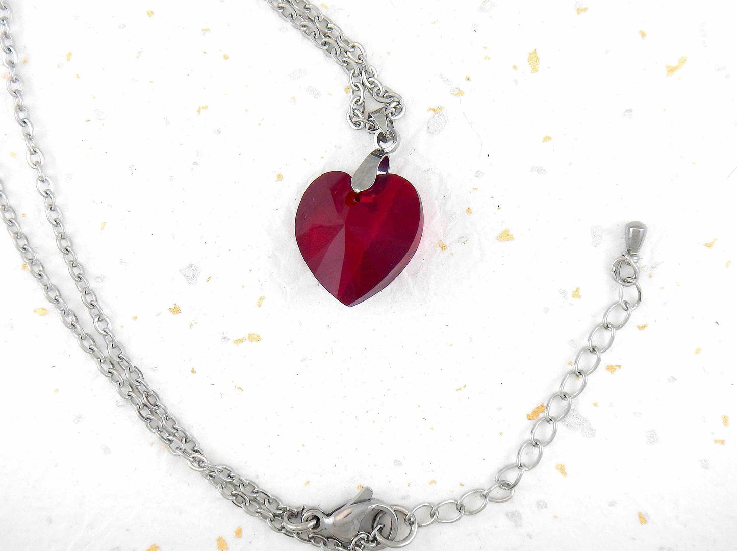 16-inch necklace with 20mm deep red faceted crystal heart pendant, regular or gold-toned stainless steel chain