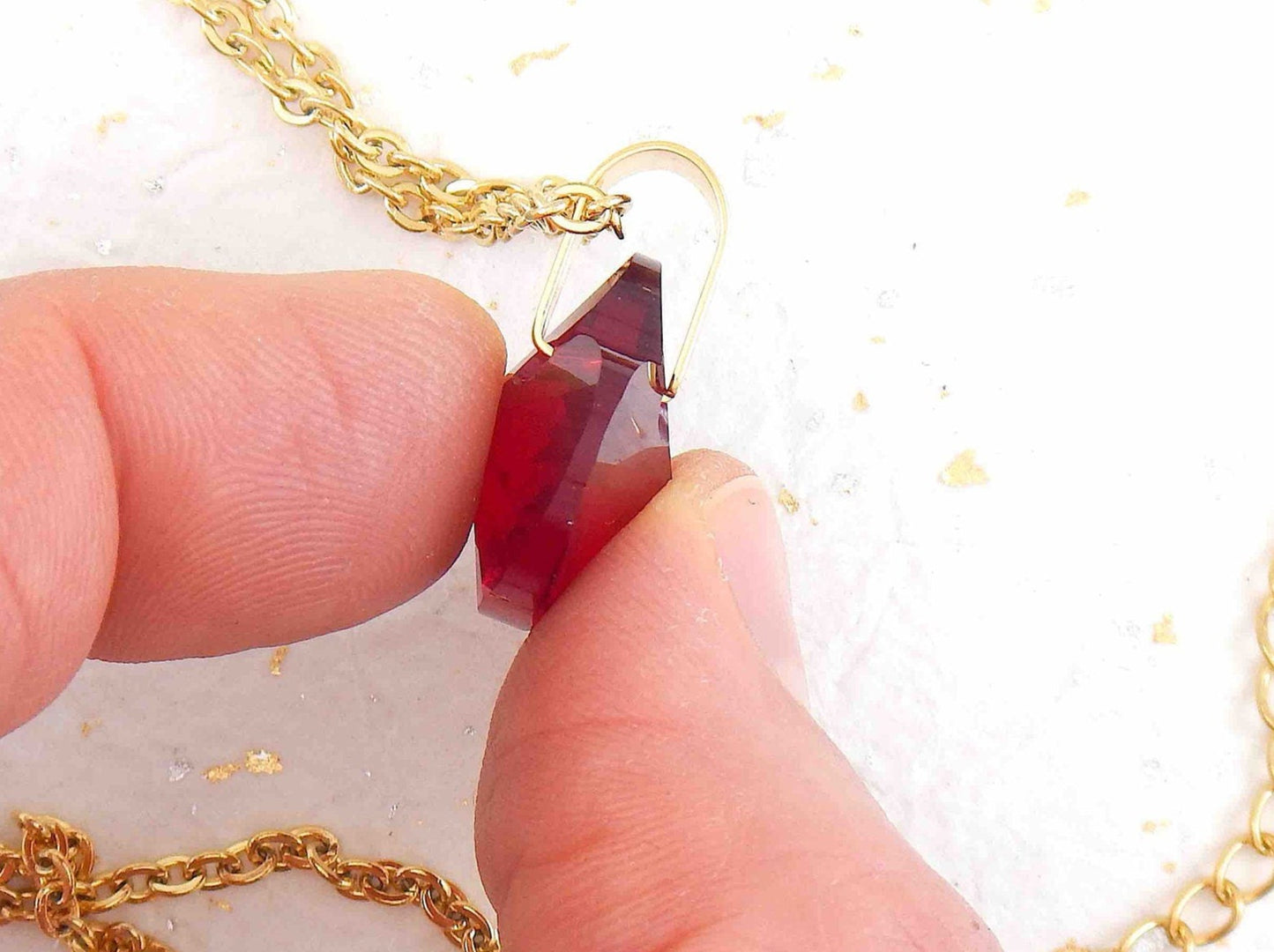 16-inch necklace with 20mm deep red faceted crystal heart pendant, regular or gold-toned stainless steel chain
