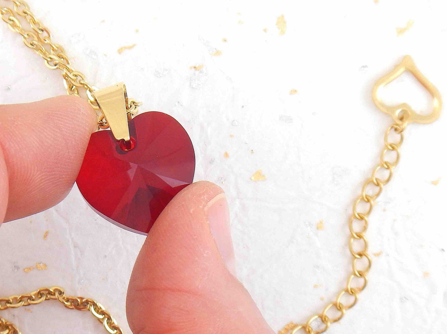 16-inch necklace with 20mm deep red faceted crystal heart pendant, regular or gold-toned stainless steel chain