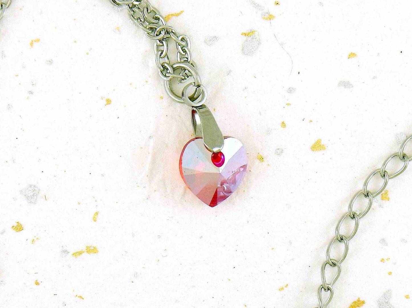 15-inch necklace with 10mm bright light red faceted Swarovski crystal heart pendant, stainless steel chain