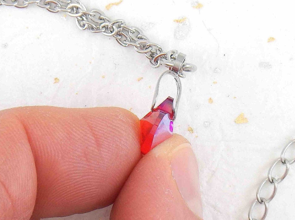 15-inch necklace with 10mm bright light red faceted Swarovski crystal heart pendant, stainless steel chain