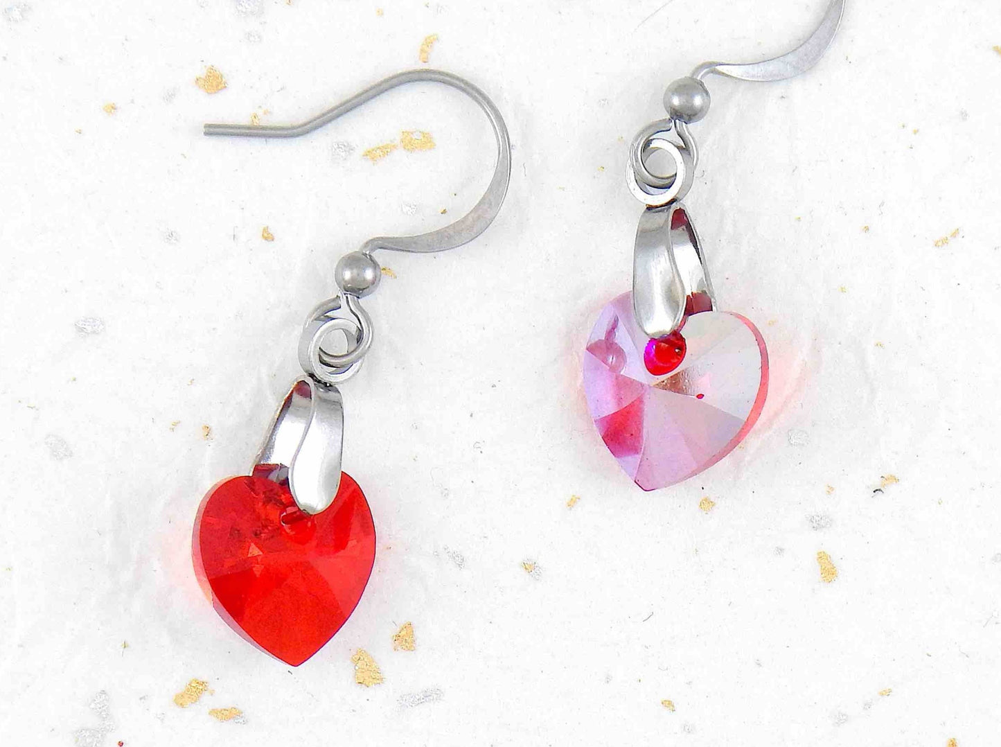 Short earrings with 10mm faceted Light Siam (bright red) Swarovski crystal hearts, stainless steel hooks
