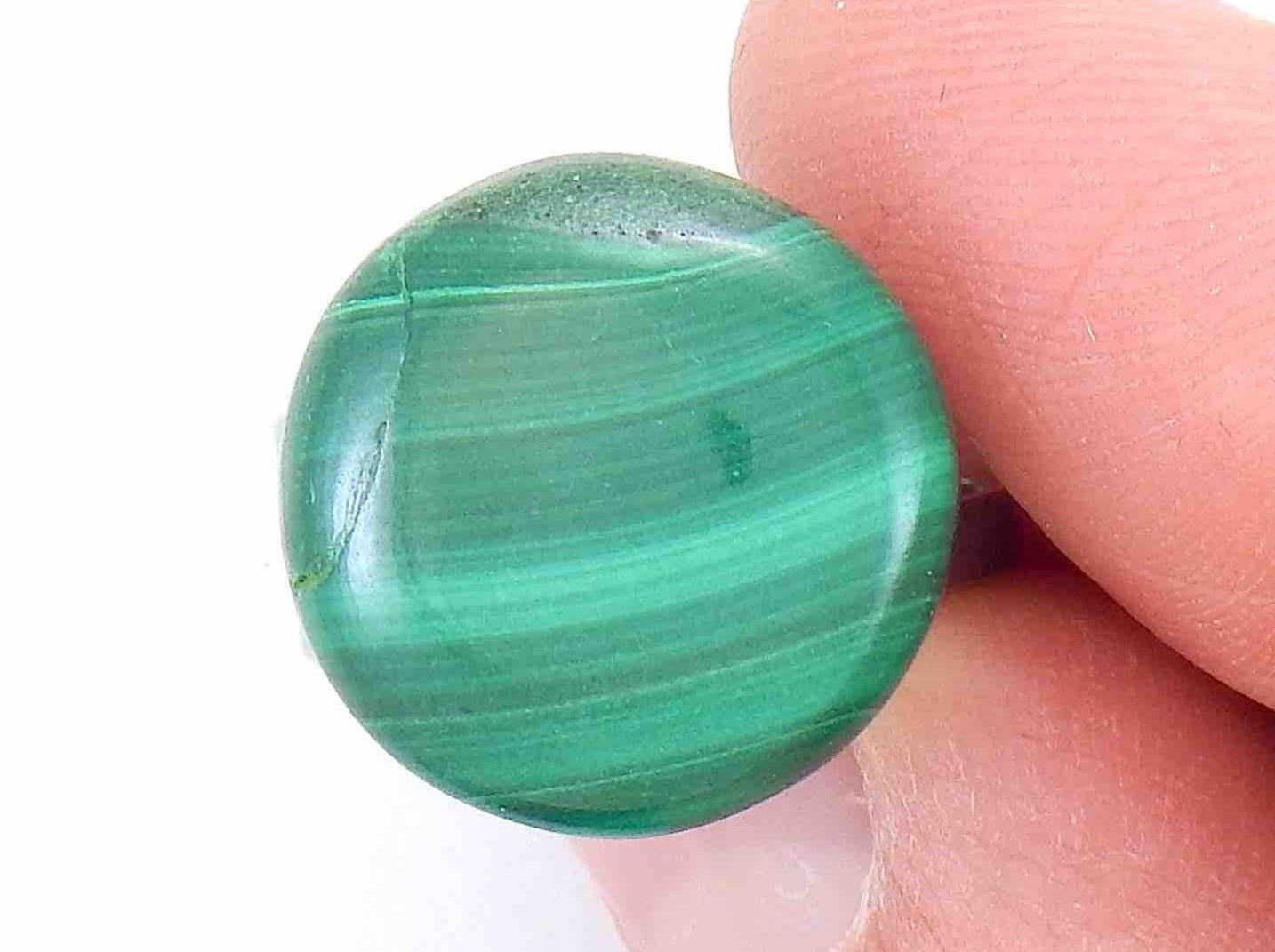Finger ring with round dark green malachite stone cabochon, light green stripes, stainless steel adjustable base (US 5-6)