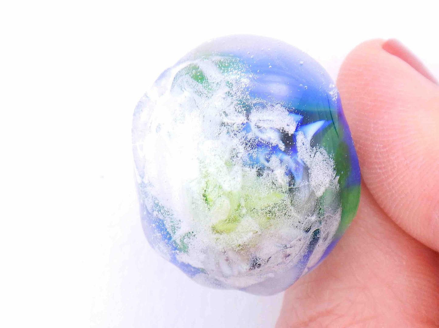 Finger ring with massive round glass cabochon (Murano style glass handmade in Montreal), white-blue-green glacier effect, stainless steel adjustable base (US 7-8)