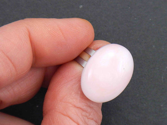 Finger ring with oval natural pink opal stone cabochon, stainless steel adjustable base (US 5-6)