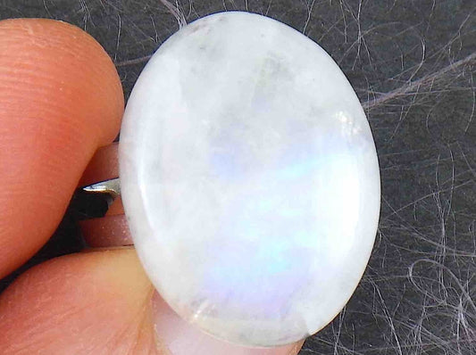 Finger ring with large natural white oval moonstone cabochon, stainless steel adjustable base (US 5-6)