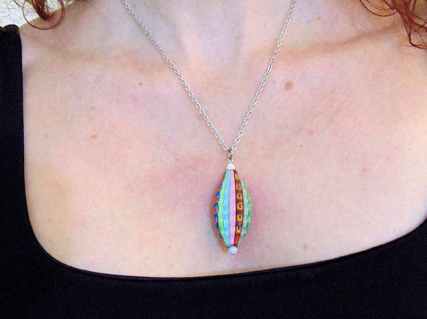 22-inch necklace with multicoloured faceted Murano blown glass pendant, Opal white Swarovski crystals, stainless steel chain