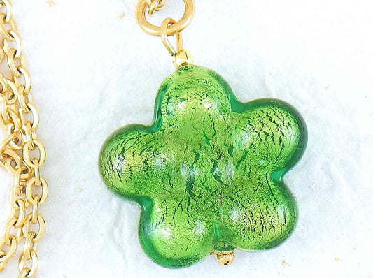 19-inch necklace with apple green, deep red or clear translucent Murano glass on gold foil, gold-toned stainless steel chain