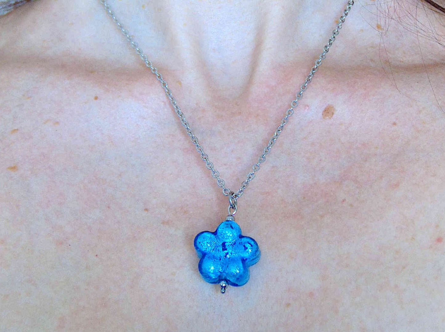 19-inch necklace with bright turquoise, plum or clear translucent Murano glass on silver foil, stainless steel chain
