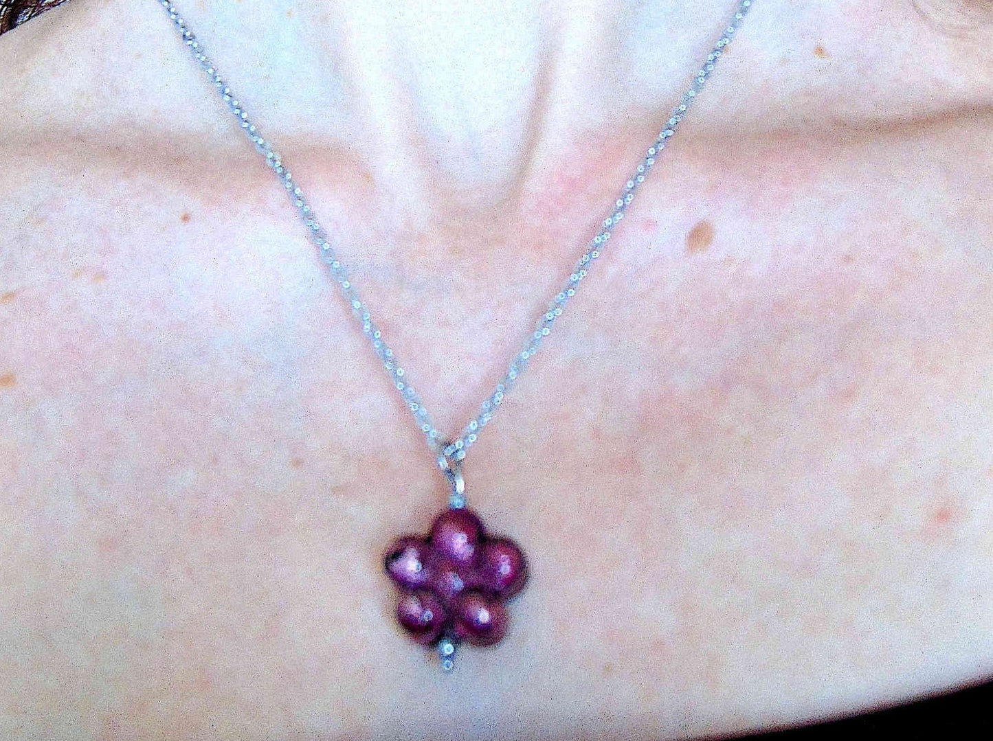 19-inch necklace with bright turquoise, plum or clear translucent Murano glass on silver foil, stainless steel chain