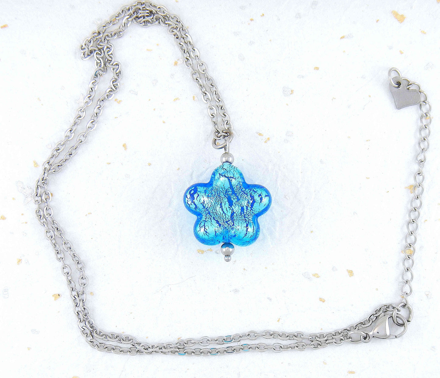 19-inch necklace with bright turquoise, plum or clear translucent Murano glass on silver foil, stainless steel chain