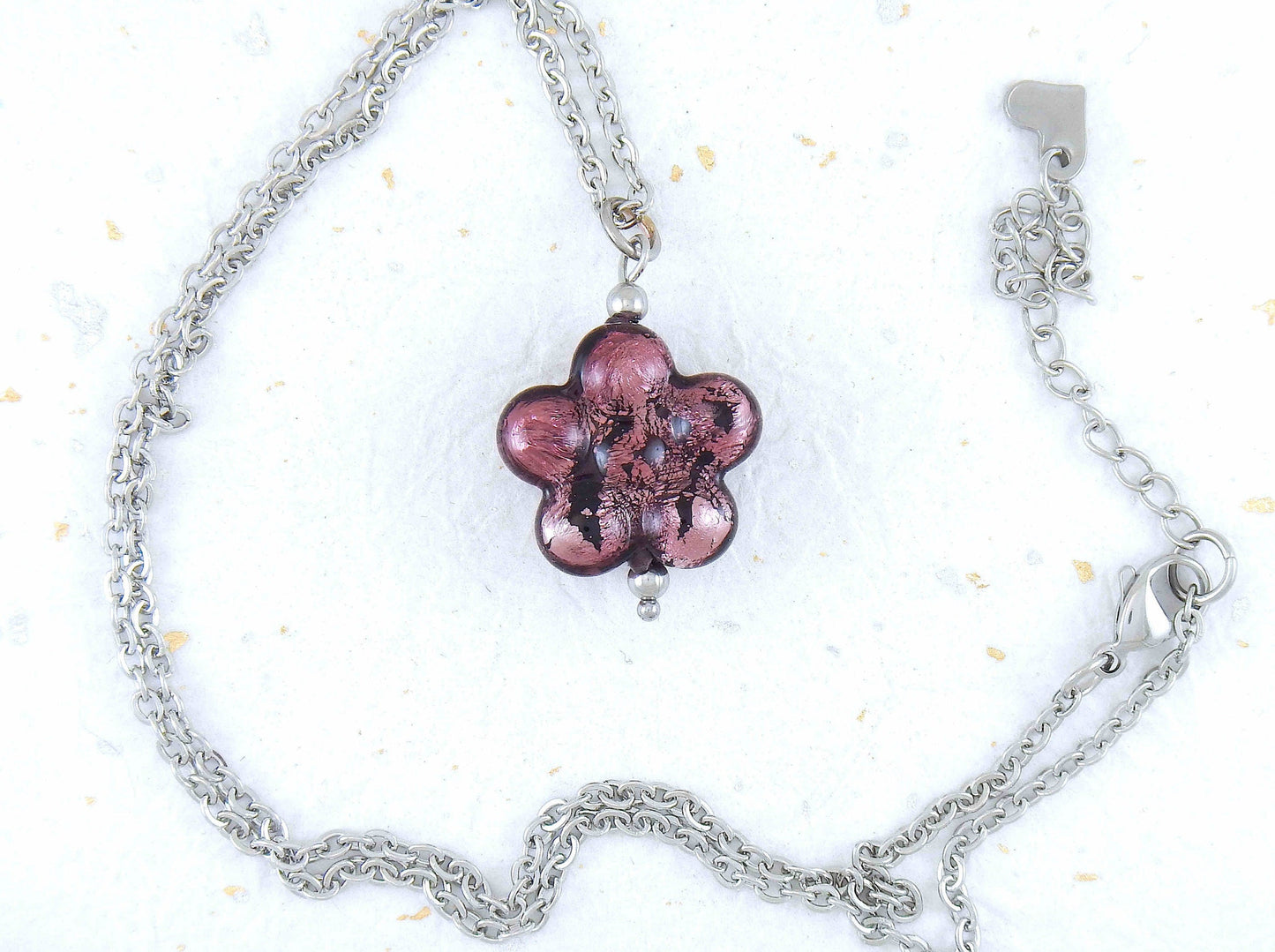 19-inch necklace with bright turquoise, plum or clear translucent Murano glass on silver foil, stainless steel chain