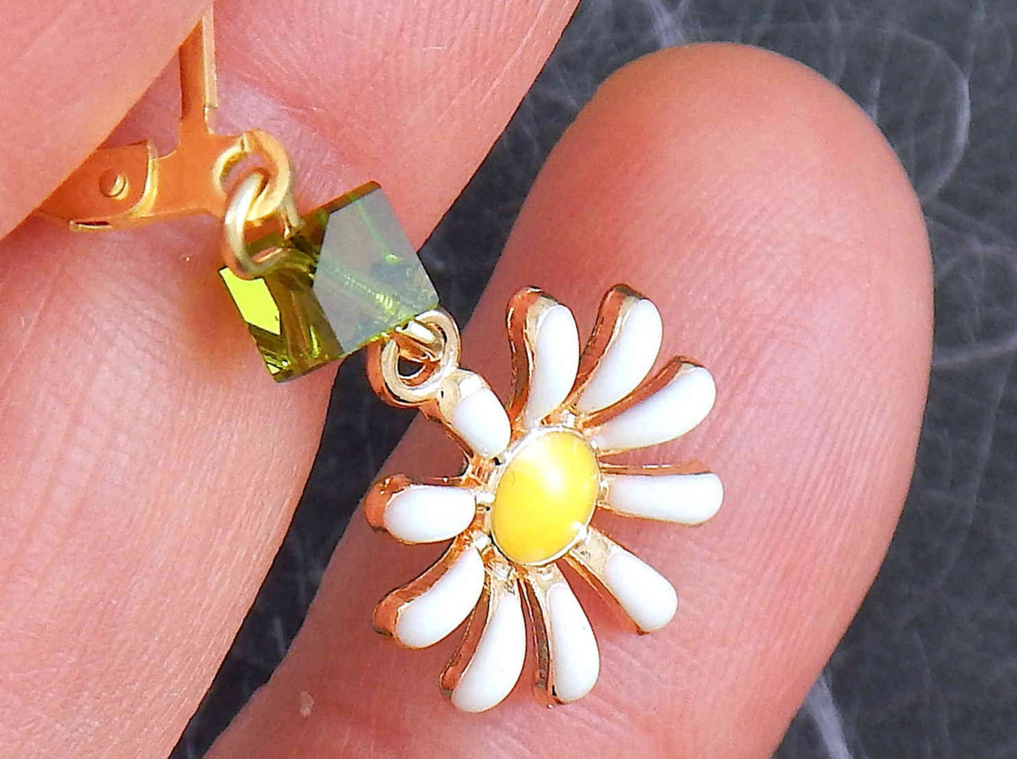 Short earrings with tiny white and yellow enamelled daisies, choice of green-red-blue Swarovski crystals, gold-toned stainless steel lever back hooks