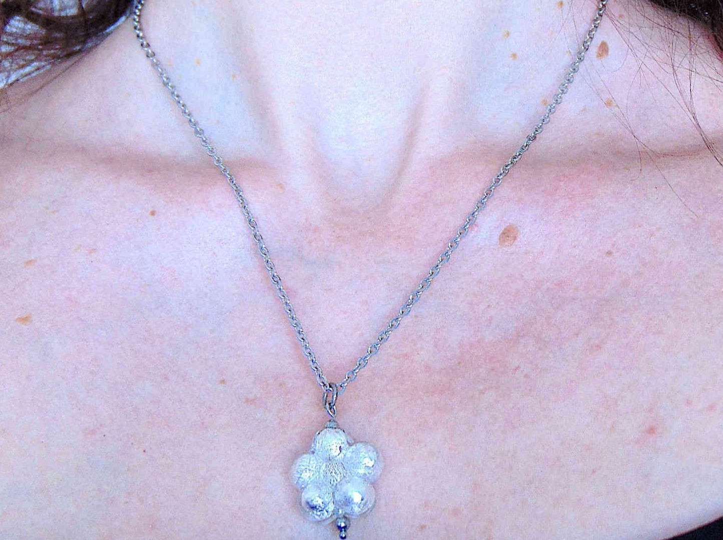 19-inch necklace with bright turquoise, plum or clear translucent Murano glass on silver foil, stainless steel chain