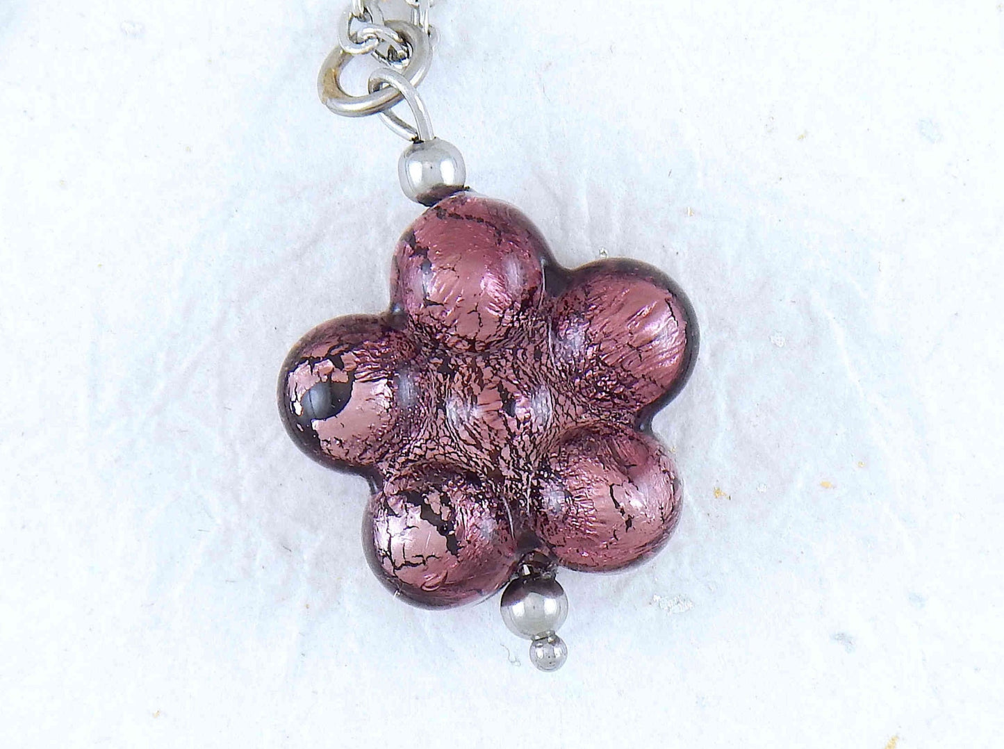 19-inch necklace with bright turquoise, plum or clear translucent Murano glass on silver foil, stainless steel chain