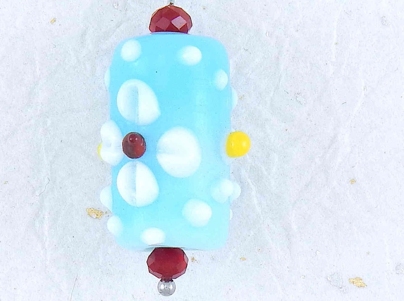 24- or 29-inch necklace with light turquoise Murano glass cylinder, 3D flowers in white-red-yellow, wine red crystals, stainless steel chain