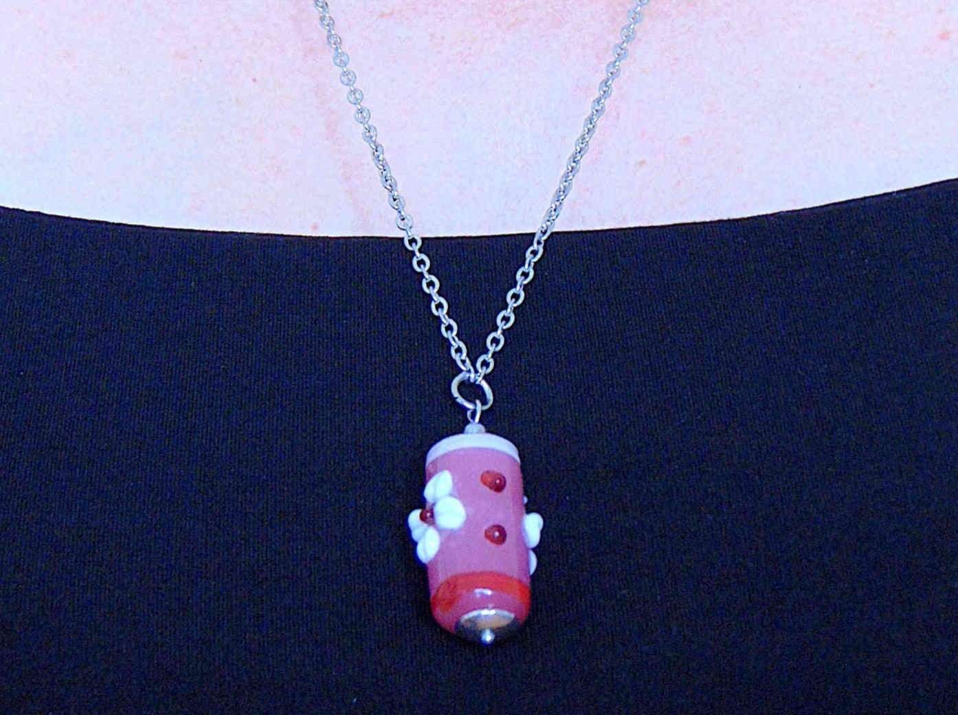 24- or 29-inch necklace with Murano glass cylinder in pink tones, 3D flowers, stainless steel chain