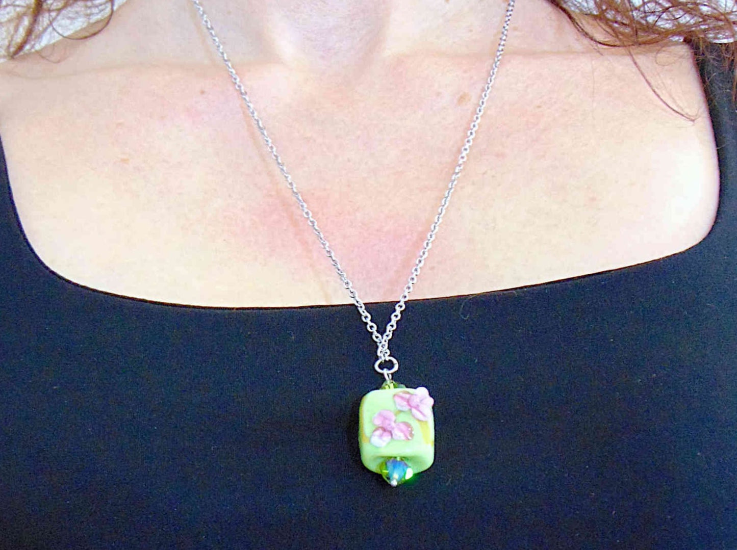 24- or 29-inch necklace with Murano glass lime green square, pink 3D flowers, Olive AB Swarovski bicones, stainless steel chain