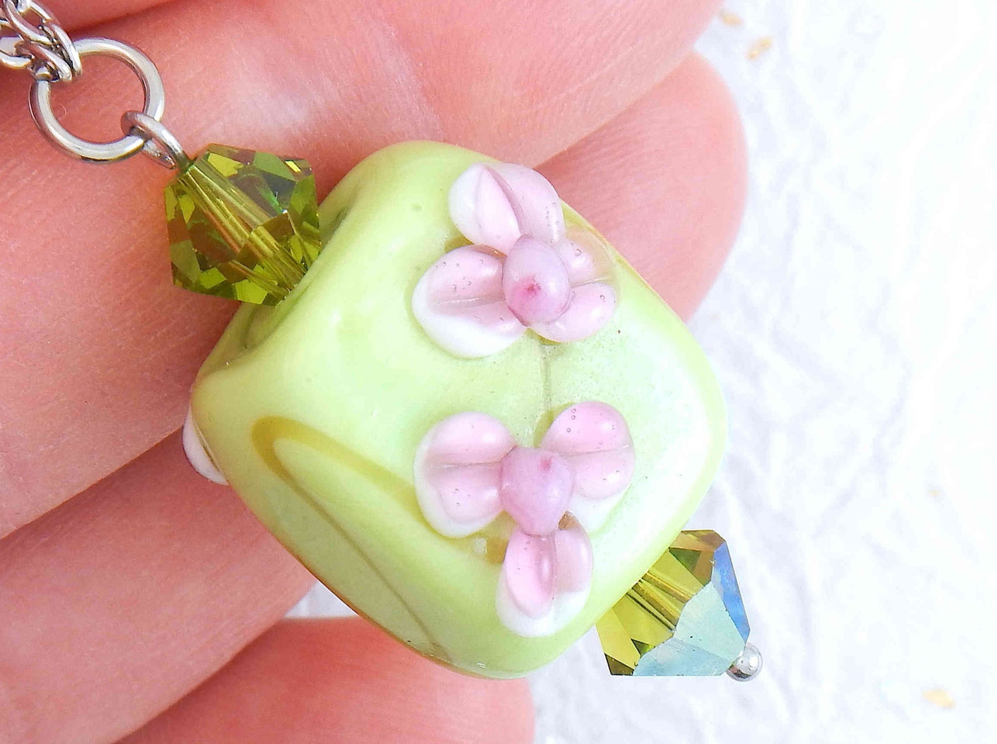 24- or 29-inch necklace with Murano glass lime green square, pink 3D flowers, Olive AB Swarovski bicones, stainless steel chain
