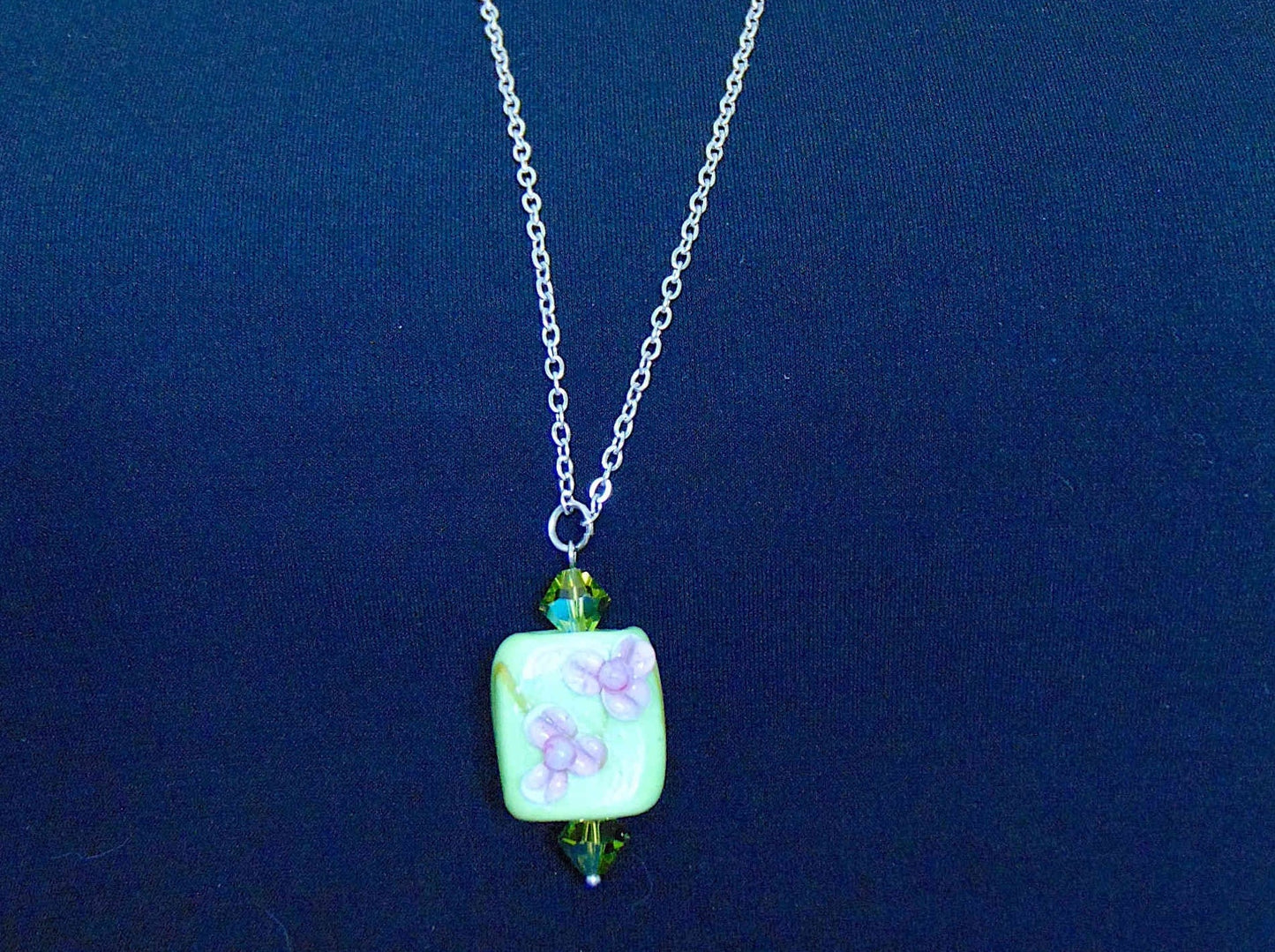 24- or 29-inch necklace with Murano glass lime green square, pink 3D flowers, Olive AB Swarovski bicones, stainless steel chain