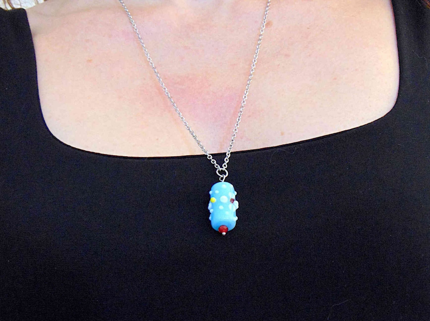 24- or 29-inch necklace with light turquoise Murano glass cylinder, 3D flowers in white-red-yellow, wine red crystals, stainless steel chain