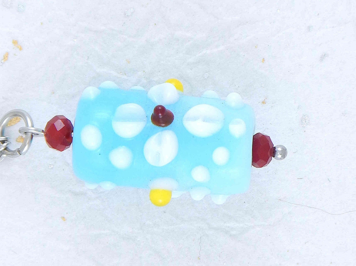 24- or 29-inch necklace with light turquoise Murano glass cylinder, 3D flowers in white-red-yellow, wine red crystals, stainless steel chain
