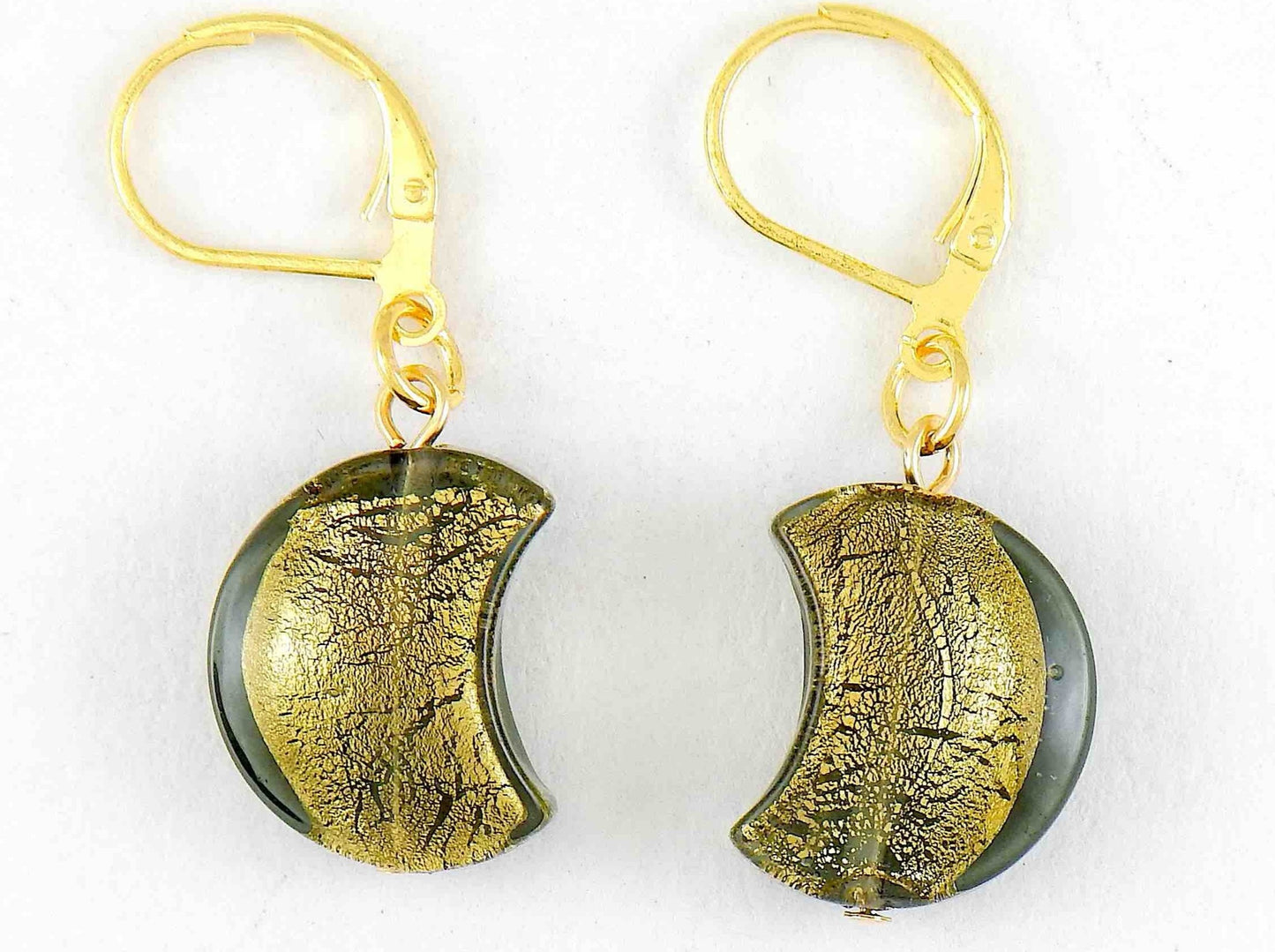 Short earrings with Murano glass half-moons, gold foil, available in 3 colours (clear, blue, khaki), gold-toned stainless steel lever back hooks
