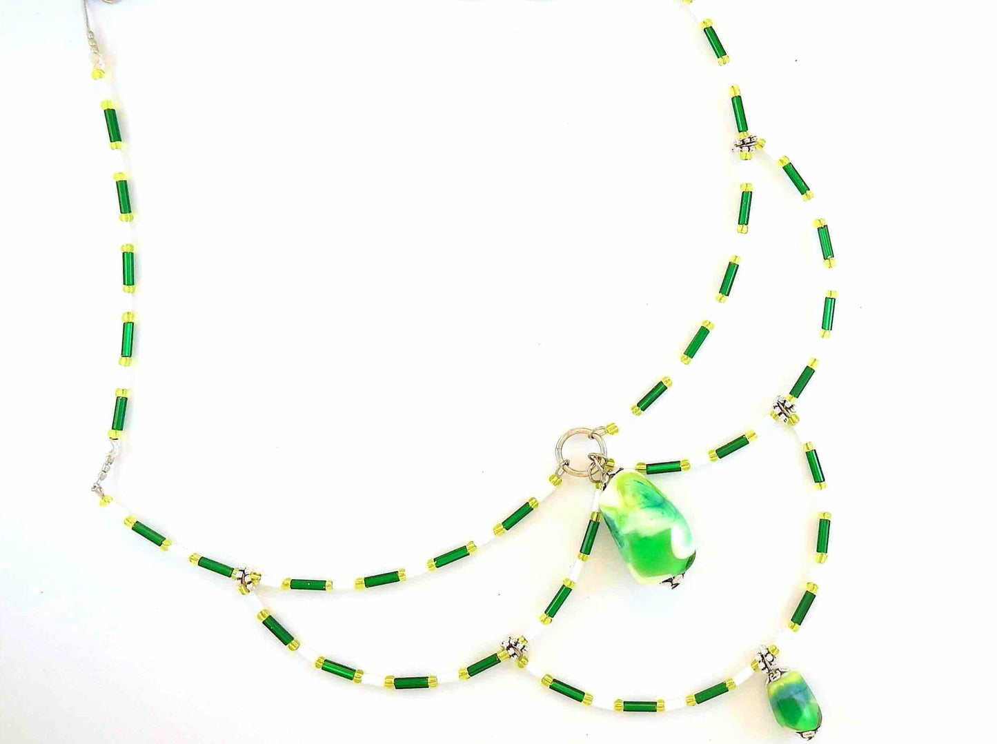 15-inch signature necklace with articulated green and white hoops and lampworked glass beads (Murano-style glass handmade in Montreal)