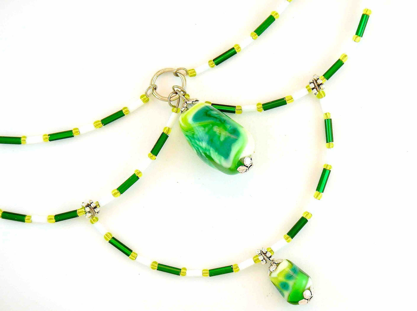 15-inch signature necklace with articulated green and white hoops and lampworked glass beads (Murano-style glass handmade in Montreal)
