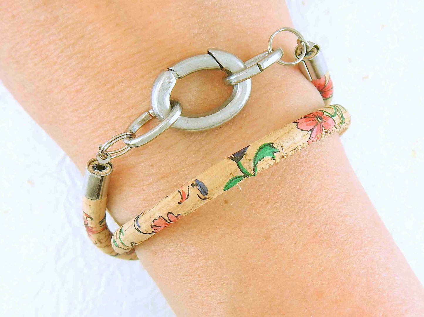 Double-row 6mm round cork bracelet with oval stainless steel clasp in 4 patterns (leopard, bright flowers, soft flowers, natural with silver speckles)