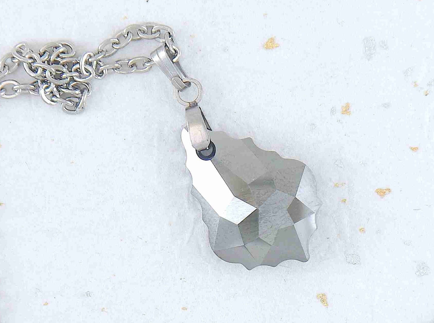 16-inch necklace with 22mm Volcano (blue, violet, red, orange) baroque Swarovski crystal pendant, stainless steel chain