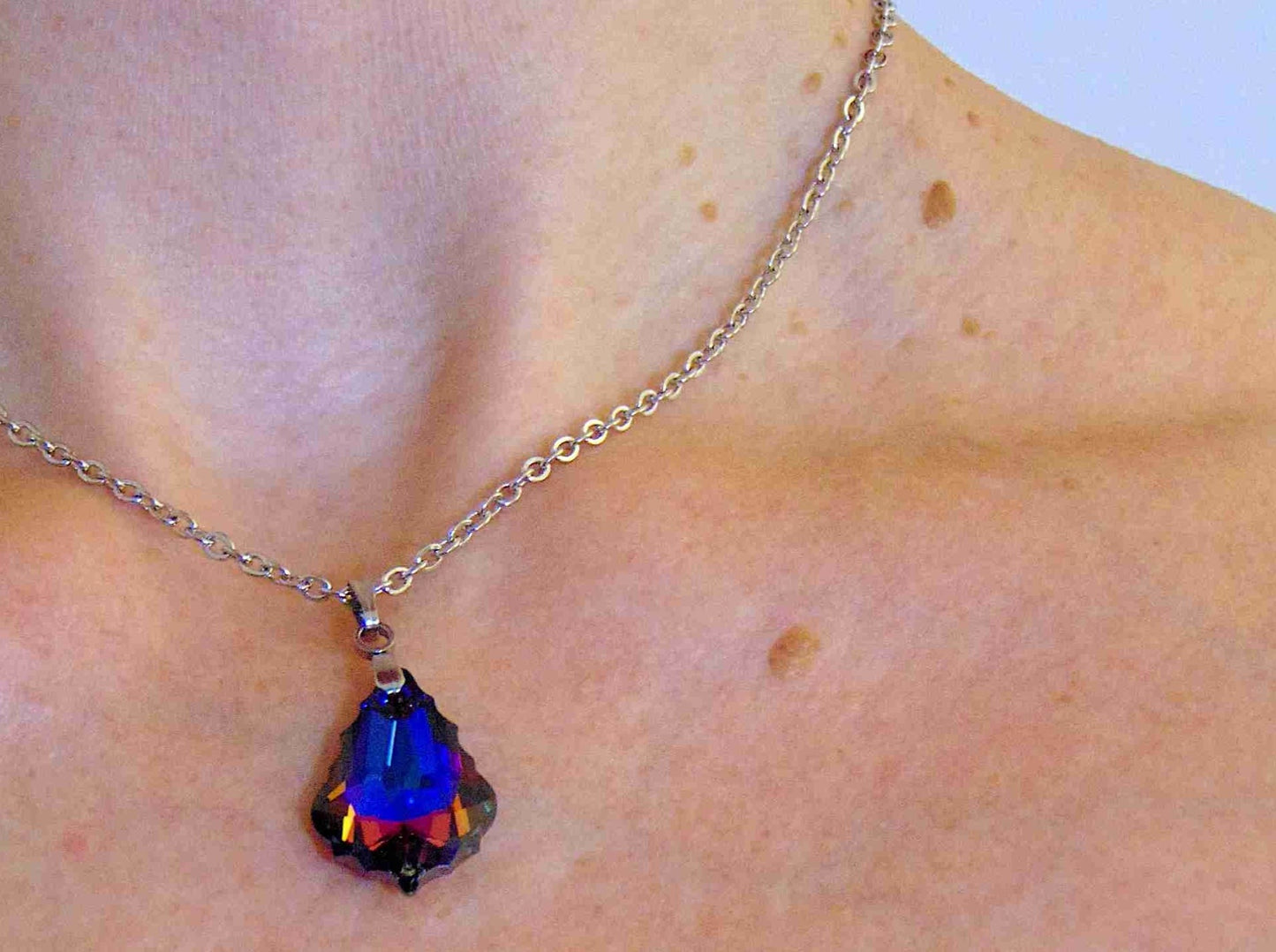 16-inch necklace with 22mm Volcano (blue, violet, red, orange) baroque Swarovski crystal pendant, stainless steel chain