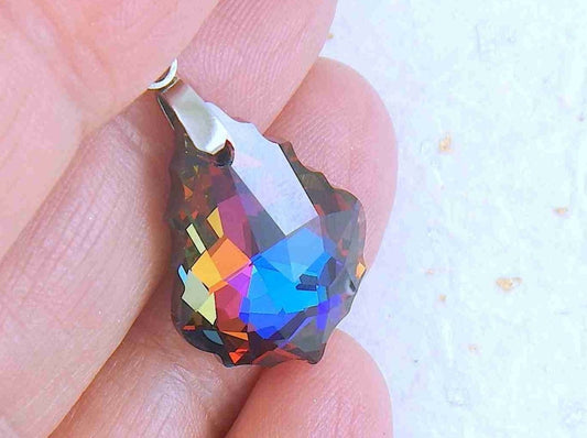 16-inch necklace with 22mm Volcano (blue, violet, red, orange) baroque Swarovski crystal pendant, stainless steel chain