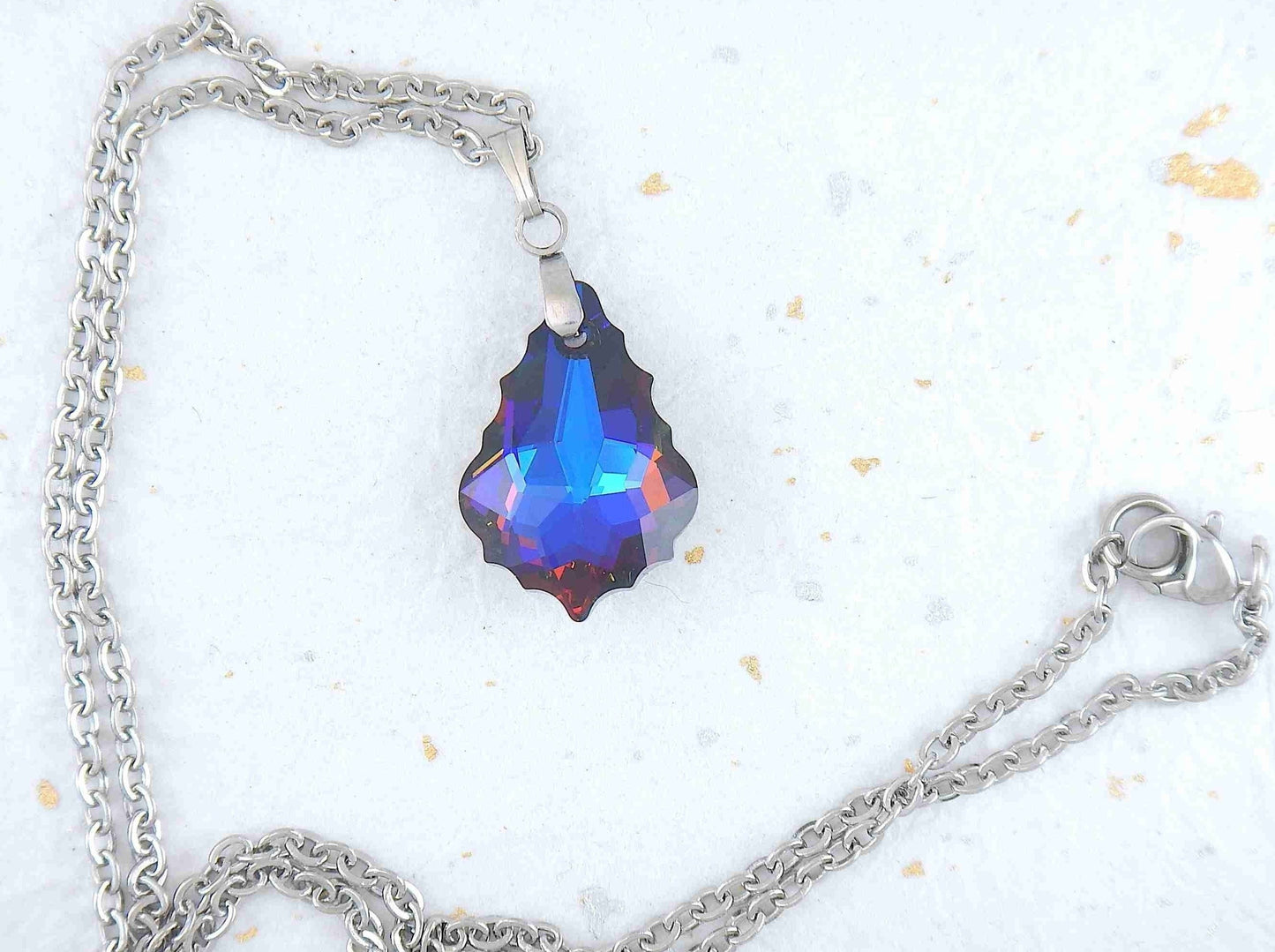 16-inch necklace with 22mm Volcano (blue, violet, red, orange) baroque Swarovski crystal pendant, stainless steel chain