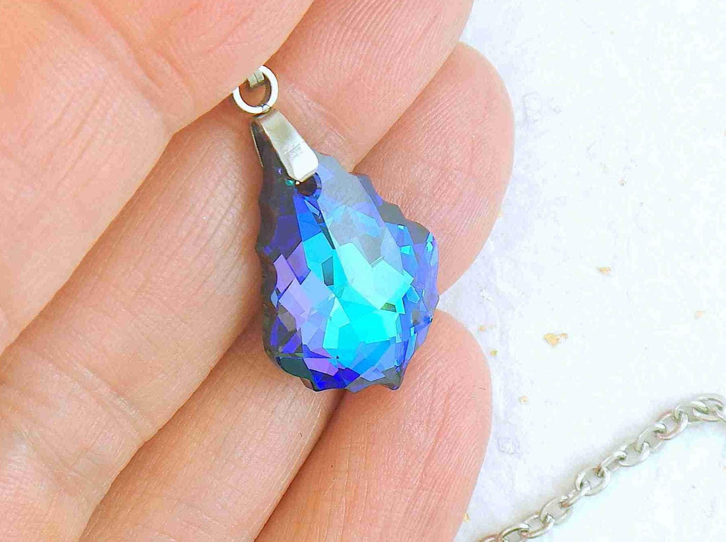 16-inch necklace with 22mm Heliotrope (turquoise, blue, violet) baroque Swarovski crystal pendant, stainless steel chain