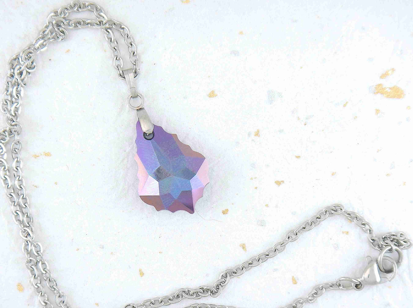 16-inch necklace with 22mm Heliotrope (turquoise, blue, violet) baroque Swarovski crystal pendant, stainless steel chain