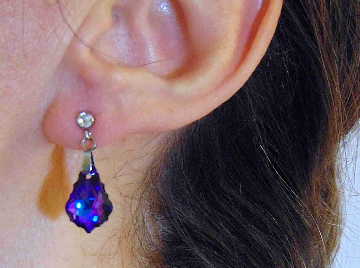 Short earrings with 16mm Heliotrope (blue/violet) baroque Swarovski crystals, stainless steel studs with tiny clear crystals