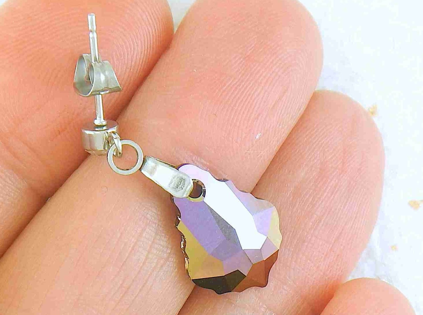 Short earrings with 16mm Vitrail Light (blue/lilac) baroque Swarovski crystals, stainless steel studs with tiny clear crystals