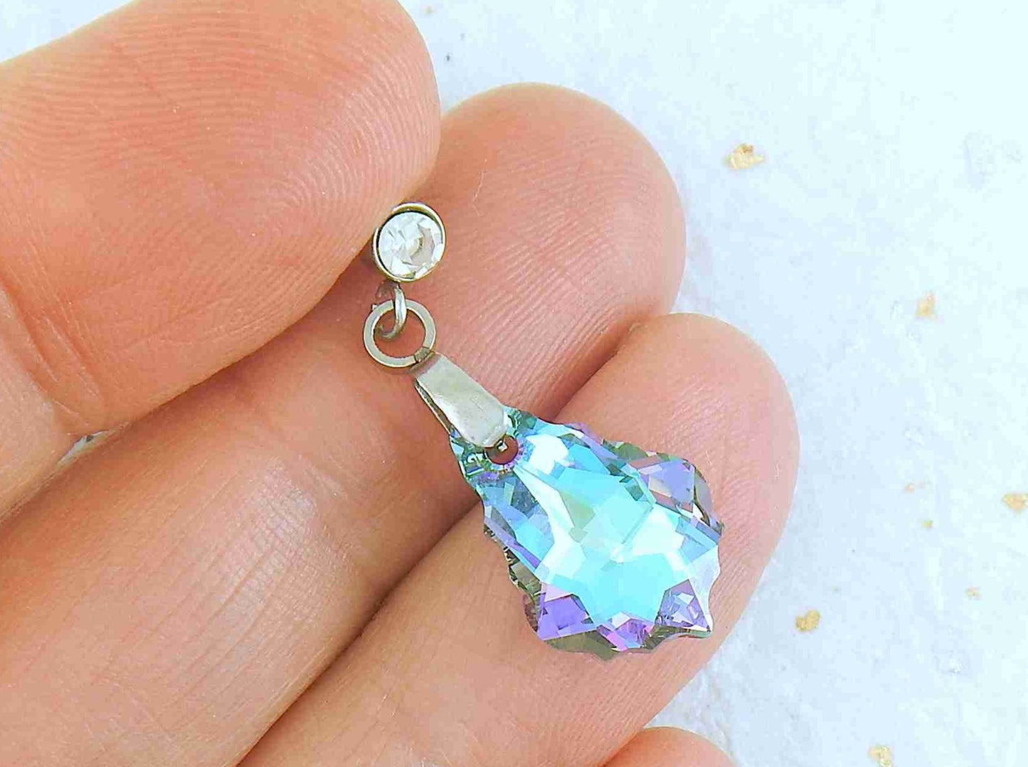 Short earrings with 16mm Vitrail Light (blue/lilac) baroque Swarovski crystals, stainless steel studs with tiny clear crystals