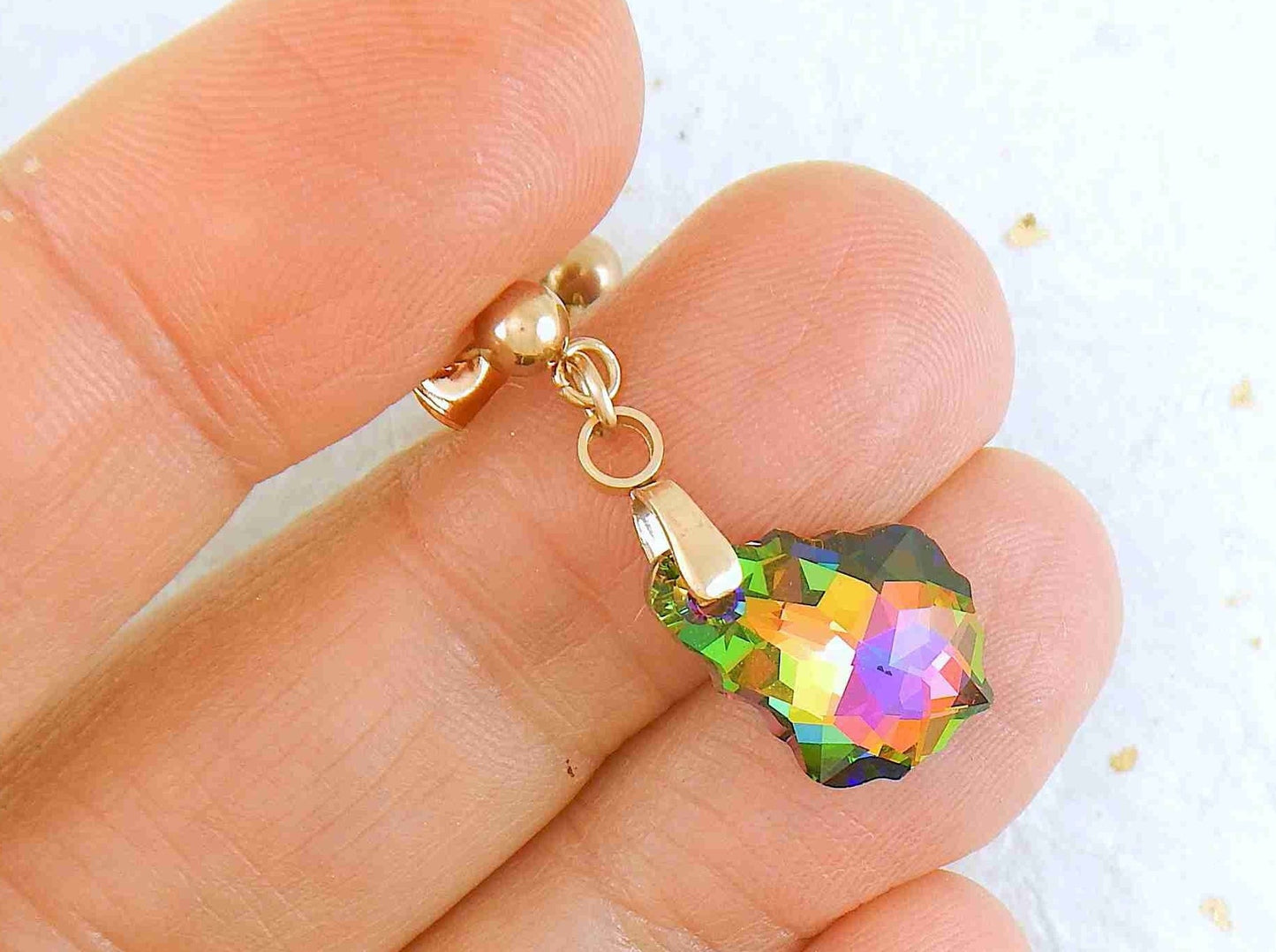 Short earrings with 16mm Vitrail Medium (pink/green) baroque Swarovski crystals, rose gold-toned stainless steel studs