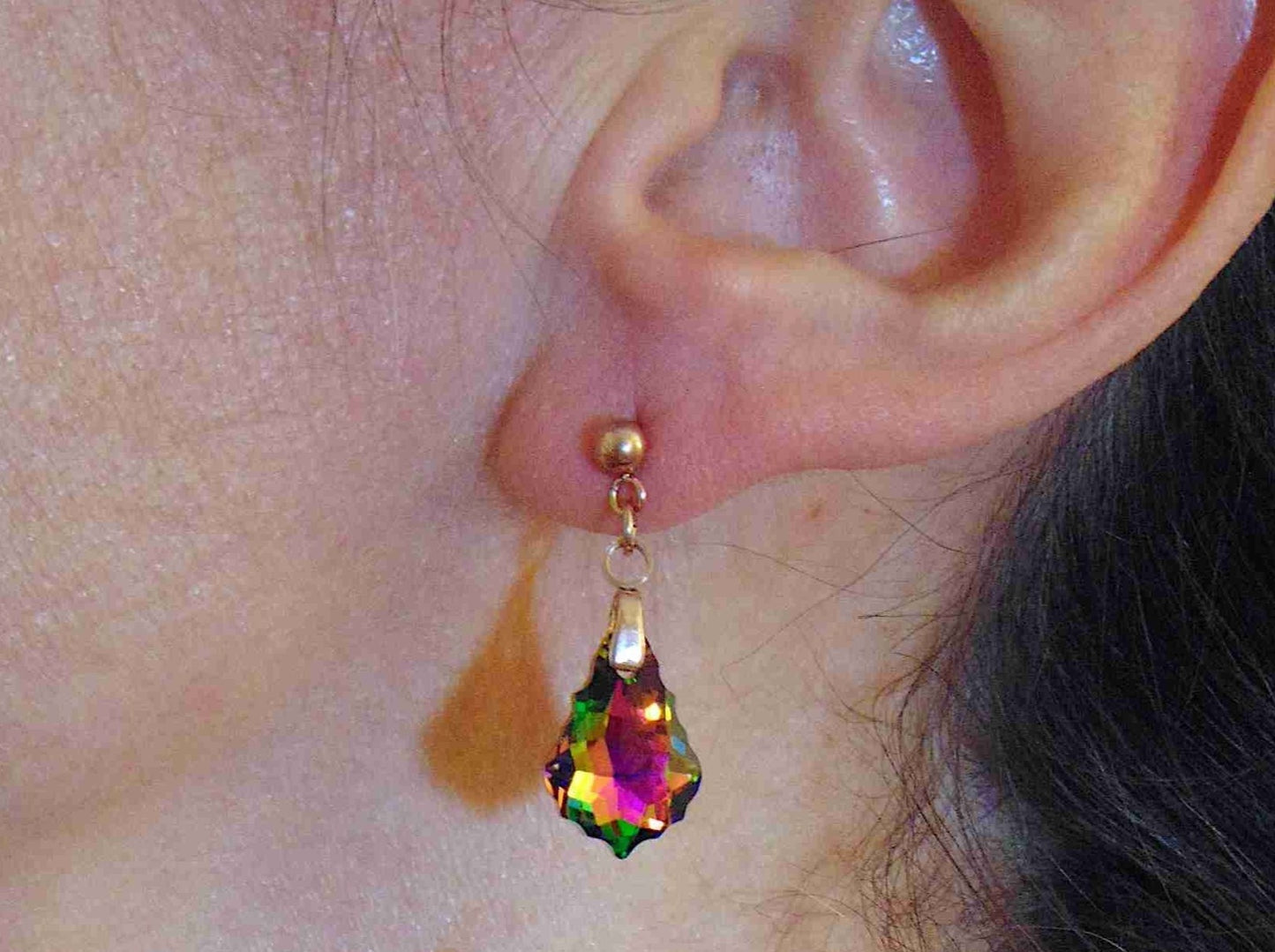 Short earrings with 16mm Vitrail Medium (pink/green) baroque Swarovski crystals, rose gold-toned stainless steel studs