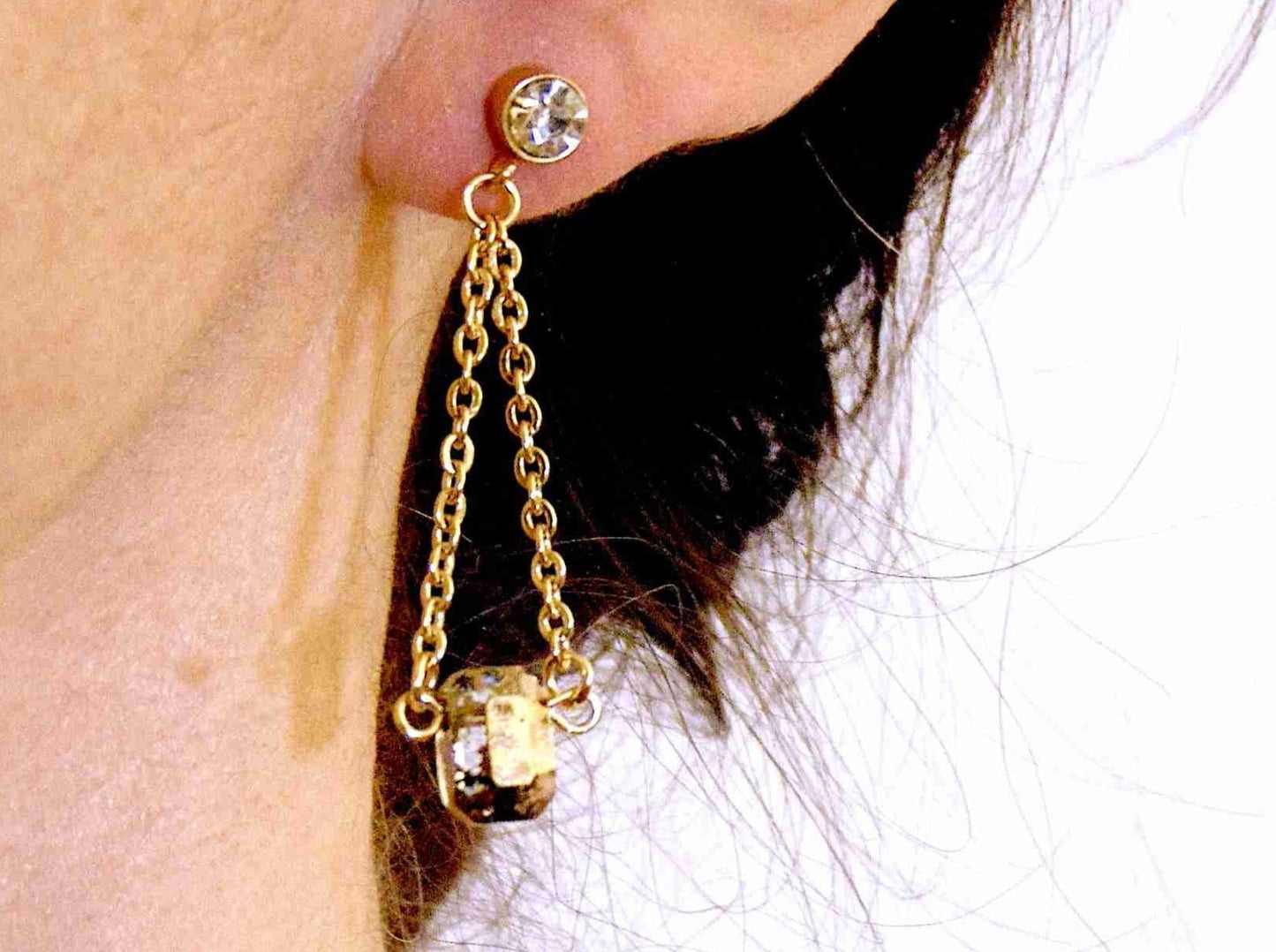 Long earrings with 10mm Gold Patina patterned Swarovski crystal pendulums, gold-toned stainless steel chain and crystal posts