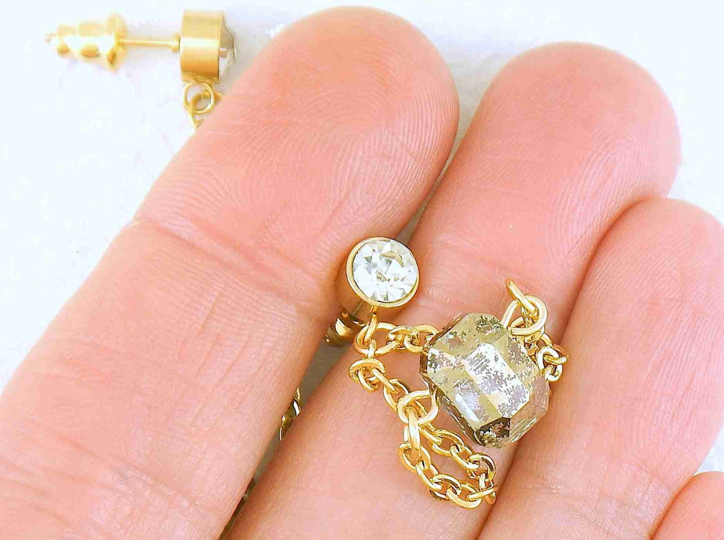 Long earrings with 10mm Gold Patina patterned Swarovski crystal pendulums, gold-toned stainless steel chain and crystal posts